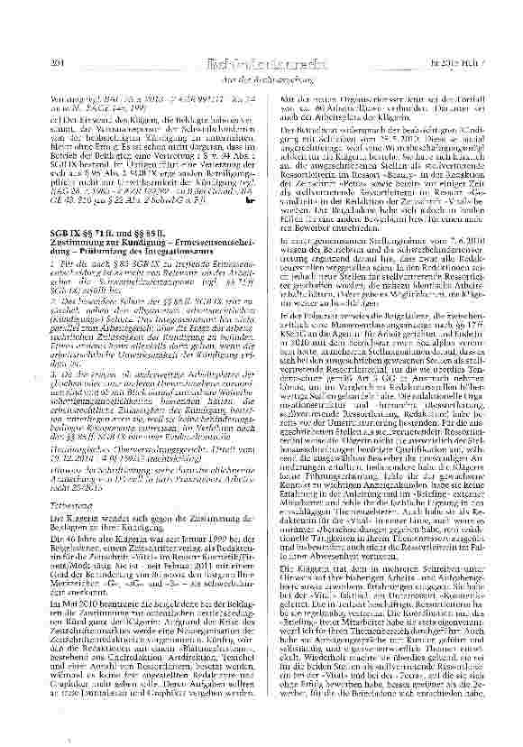 Vorschauseite 1: Zustimmung zur Kündigung - Ermessensentschei-dung - Prüfumfang des Integrationsamts