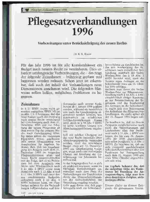 Vorschauseite 1: Pflegesatzverhandlungen 1996 Vorbereitungen unter Berücksichtigung des neuen Rechts