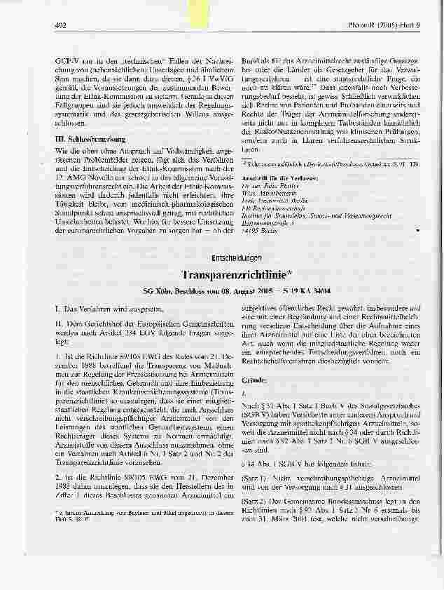 Vorschauseite 1: Transparenzrichtlinie*SG Köln, Beschluss vom 08. August 2005 - S 19 KA 34/04