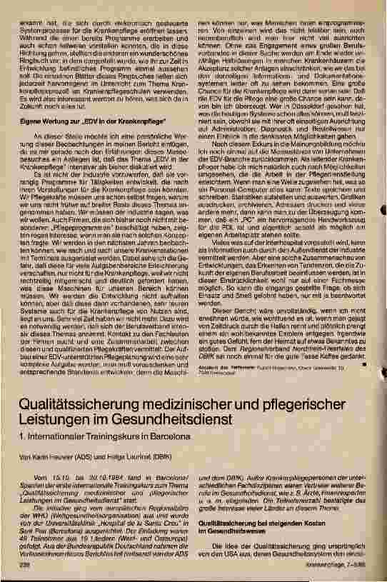 Vorschauseite 1: Qualitätssicherung medizinischer und pflegerischer Leistungen im Gesundheitsdienst, 1. Internationaler Trainingskurs in Barcelona