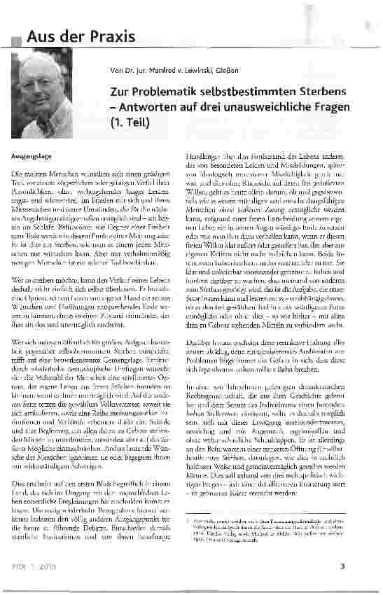 Vorschauseite 1: Zur Problematik selbstbestimmten Sterbens - Antworten auf drei unausweichliche Fragen (I. Teil)