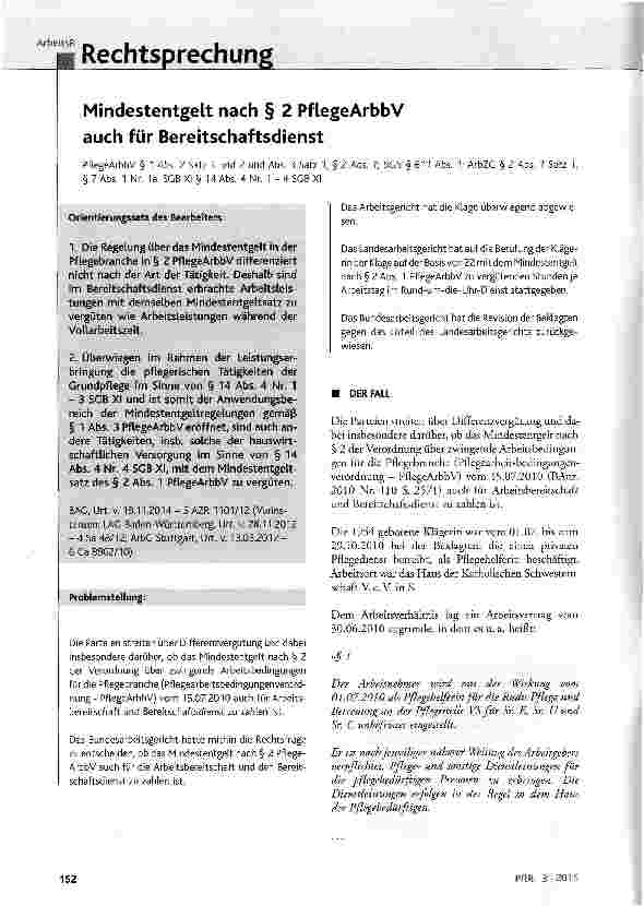 Vorschauseite 1: Mindestentgelt nach § 2 PflegeArbbV auch für Bereitschaftsdienst