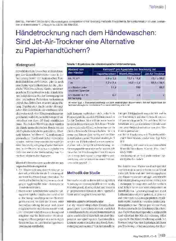 Vorschauseite 1: Händetrocknung nach dem Händewaschen: Sind Jet-Air-Trockner eine Alternative zu Papierhandtüchern?