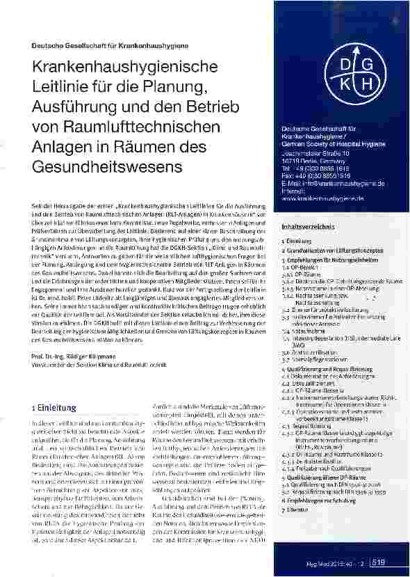 Vorschauseite 1: Krankenhaushygienische Leitlinie für die Planung, Ausführung und den Betrieb von Raumlufttechnischen Anlagen in Räumen des Gesundheitswesens