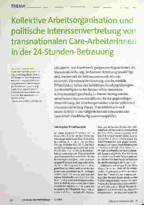 Vorschauseite 1: Kollektive Arbeitsorganisation und politische Interessenvertretung von transnationalen Care-Arbeiterinnen in der 24-Stunden-Betreuung
