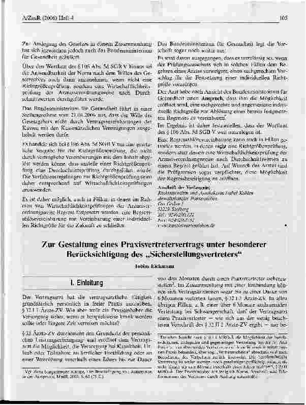 Vorschauseite 1: Zur Gestaltung eines Praxisvertretervertrags unter besonderer Berücksichtigung des Sicherstellungsvertreters