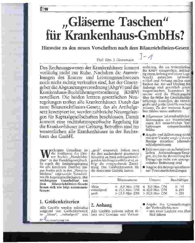 Vorschauseite 1: Gläserne Taschen für Krankenhaus-GmbHs? Hinweise zu den neuen Vorschriften nach dem Bilanzrichtlinien-Gesetz