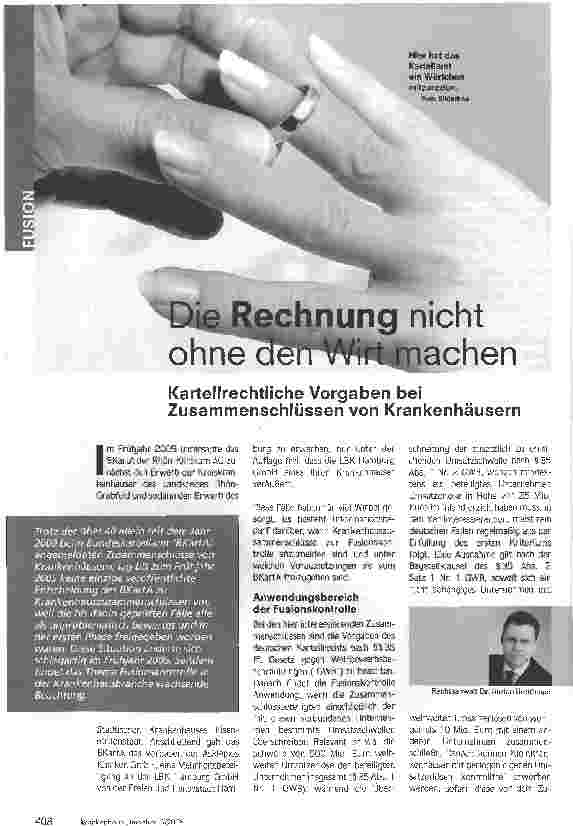 Vorschauseite 1: Die Rechnung nicht ohne den Wirt machenKartellrechtliche Vorgaben bei Zusammenschlüssen von Krankenhäusern