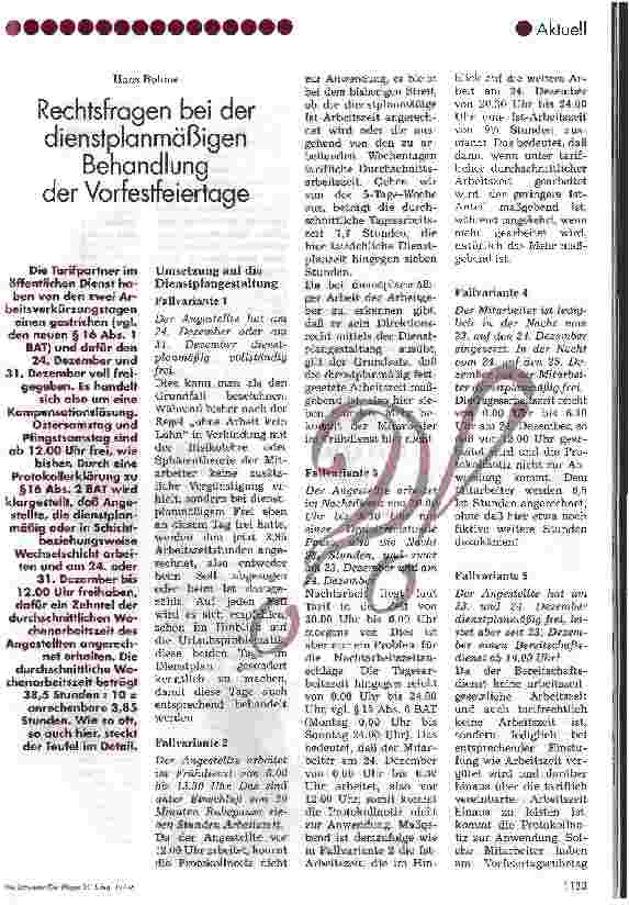 Vorschauseite 1: Rechtsfragen bei der dienstplanmäßigen Behandlung der Vorfestfeiertage