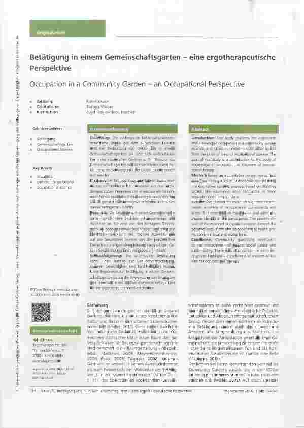 Vorschauseite 1: Betätigung in einem Gemeinschaftsgarten eine ergotherapeutische Perspektive