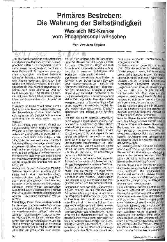 Vorschauseite 1: Primäres Bestreben: Die Wahrung der Selbständigkeit Was sich MS-Kranke vom Pflegepersonal wünschen