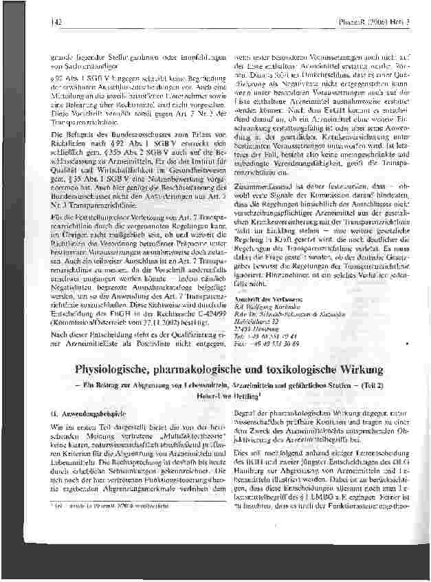 Vorschauseite 1: Physiologische, pharmakologische und toxikologische Wirkung- Ein Beitrag zur Abgrenzung von Lebensmitteln, Arzneimitteln und gefährlichen Stoffen - (Teil 2)