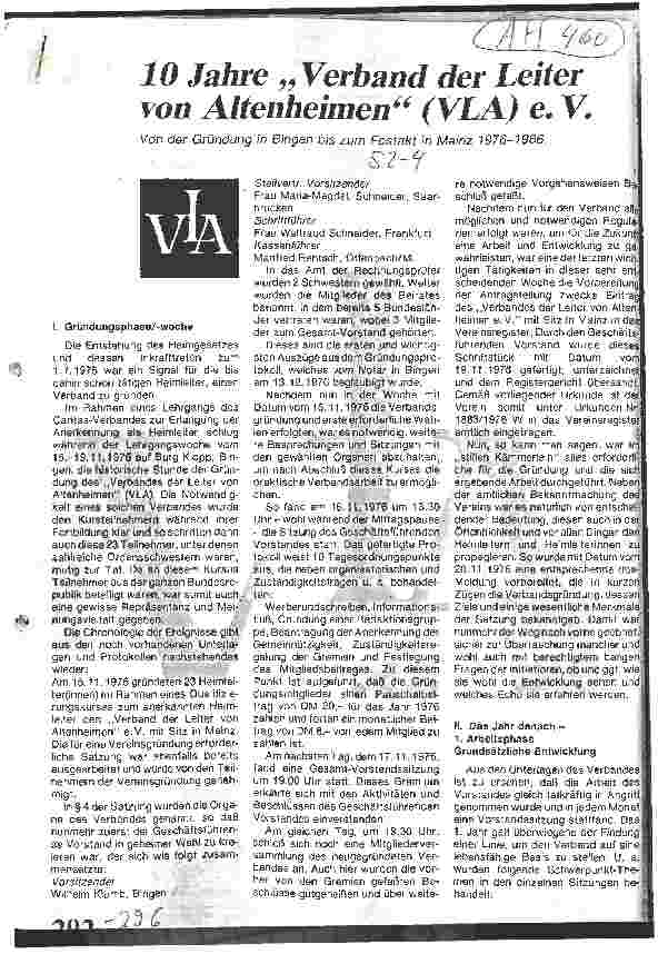 Vorschauseite 1: 10 Jahre Verband der Leiter von Altenheimen (VLA) e. V. Von der Gründung in Bingen bis zum Festakt in Mainz 1976-1986