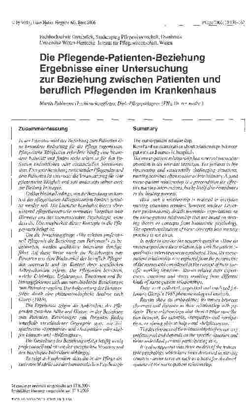 Vorschauseite 1: Die Pflegende-Patienten-Beziehung Ergebnisse einer Untersuchung zur Beziehung zwischen Patienten und beruflich Pflegenden im Krankenhaus