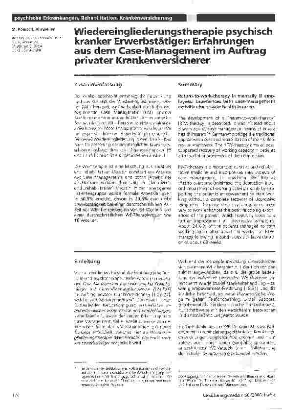 Vorschauseite 1: Wiedereingliederungstherapie psychisch kranker Erwerbstätiger: Erfahrungen aus dem Case-Management im Auftrag privater Krankenversicherer