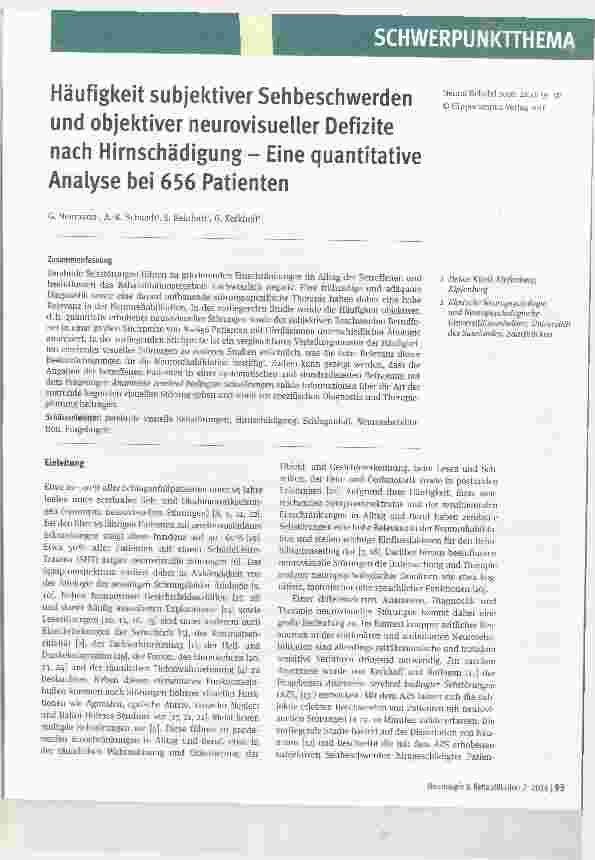 Vorschauseite 1: Häufigkeit subjektiver Sehbeschwerden und objektiver neurovisueller Defizite nach Hirnschädigung - Eine quantitative Analyse bei 656 Patienten