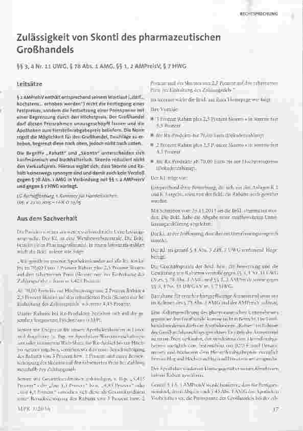 Vorschauseite 1: Zulässigkeit von Skonti des pharmazeutischen Großhandels