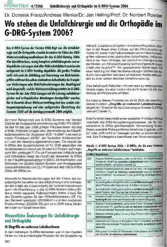 Vorschauseite 1: Wo stehen die Unfallchirurgie und die Orthopädie im G-DRG-System 2006?