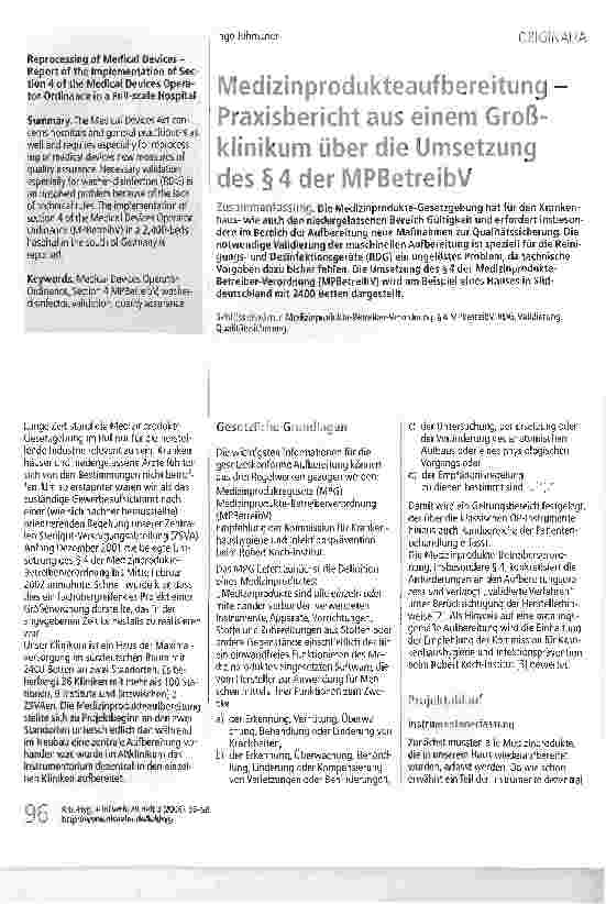 Vorschauseite 1: Medizinprodukteaufbereitung -Praxisbericht aus einem Großklinikum über die Umsetzung des §4 der MPBetreibV