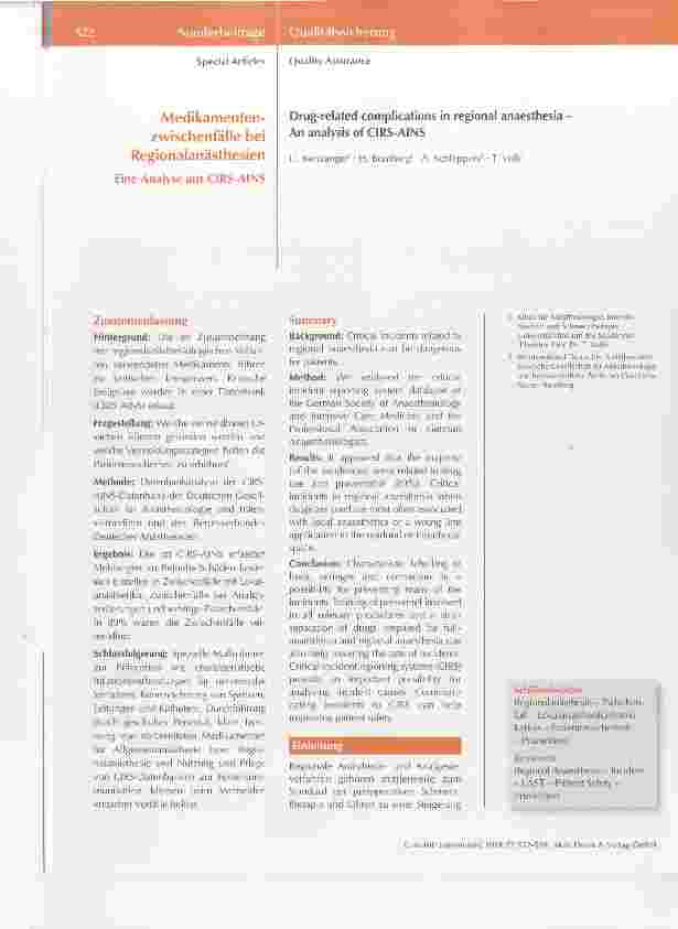 Vorschauseite 1: Medikamentenzwischenfälie bei Regionalanästhesien Eine Analyse aus CIRS-AINS