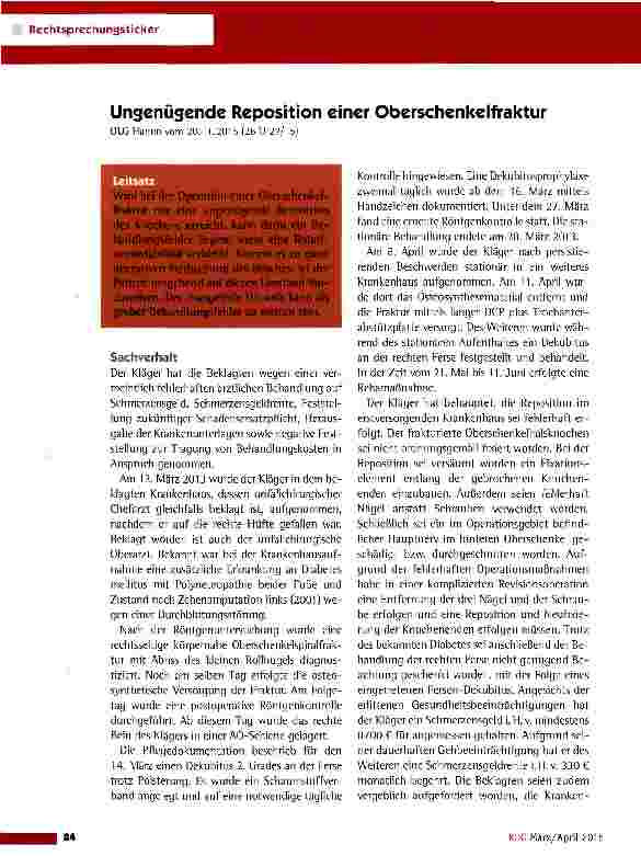 Vorschauseite 1: Ungenügende Reposition einer Oberschenkelfraktur OLG Hamm vom 20.11.201 5 (26 U 27/15)