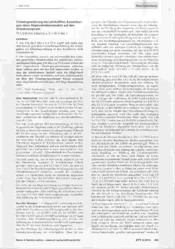 Vorschauseite 1: Urlaubsgewährung bei Lehrkräften; Auswirkungen eines Abgeordnetenmandats auf den Urlaubsanspruch TV-L § 26 Abs. 2 Buchst, a, § 44 Nr. 3 Abs. 1