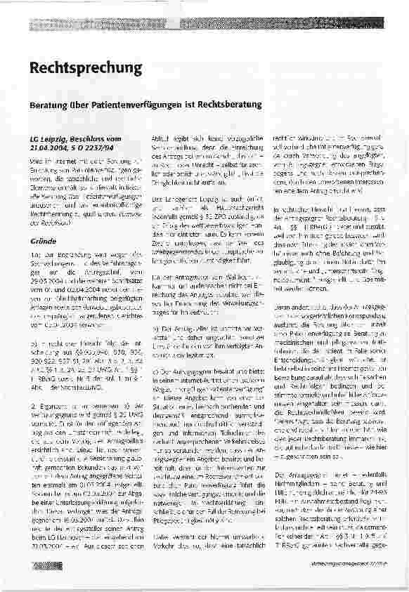 Vorschauseite 1: RechtsprechungBeratung über Patientenverfügungen ist Rechtsberatung