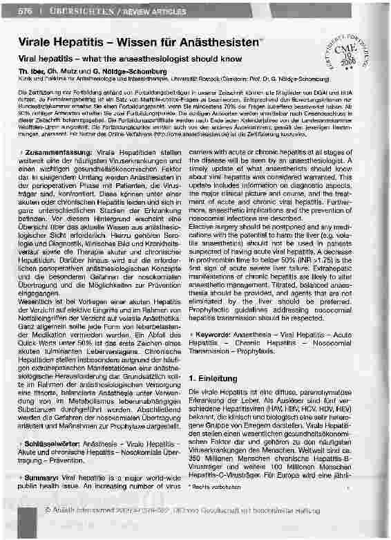 Vorschauseite 1: Virale Hepatitis - Wissen für Anästhesisten