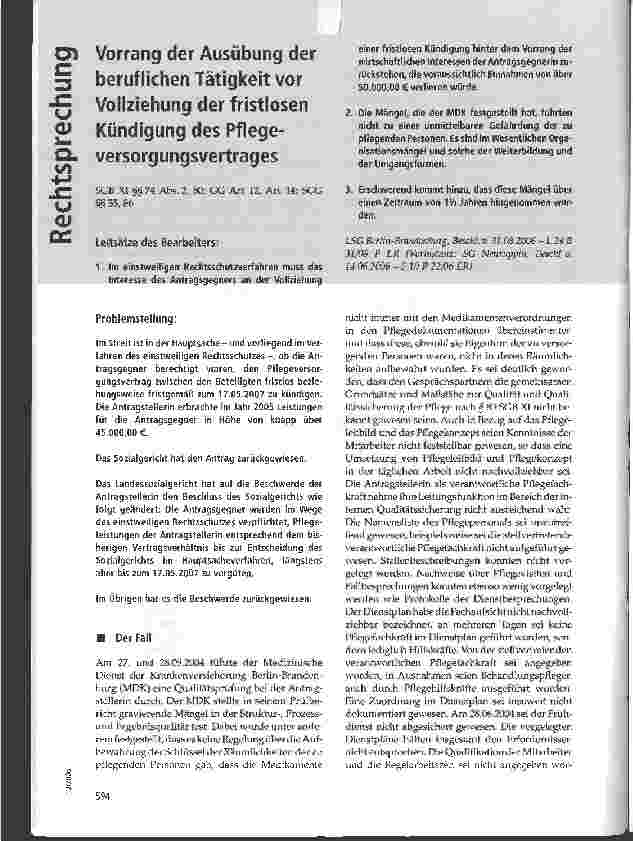 Vorschauseite 1: Vorrang der Ausübung der beruflichen Tätigkeit vor Vollziehung der fristlosen Kündigung des Pflegeversorgungsvertrages