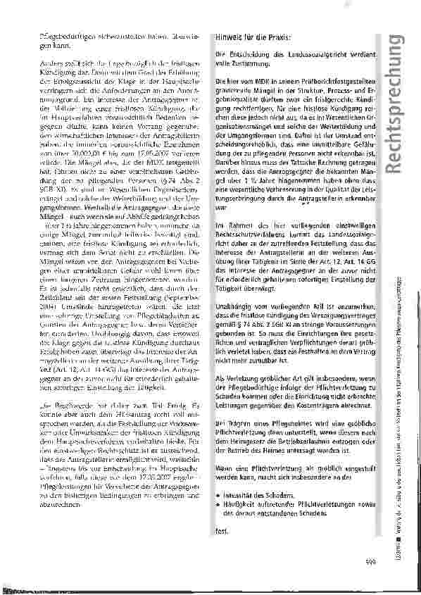 Vorschauseite 6: Vorrang der Ausübung der beruflichen Tätigkeit vor Vollziehung der fristlosen Kündigung des Pflegeversorgungsvertrages