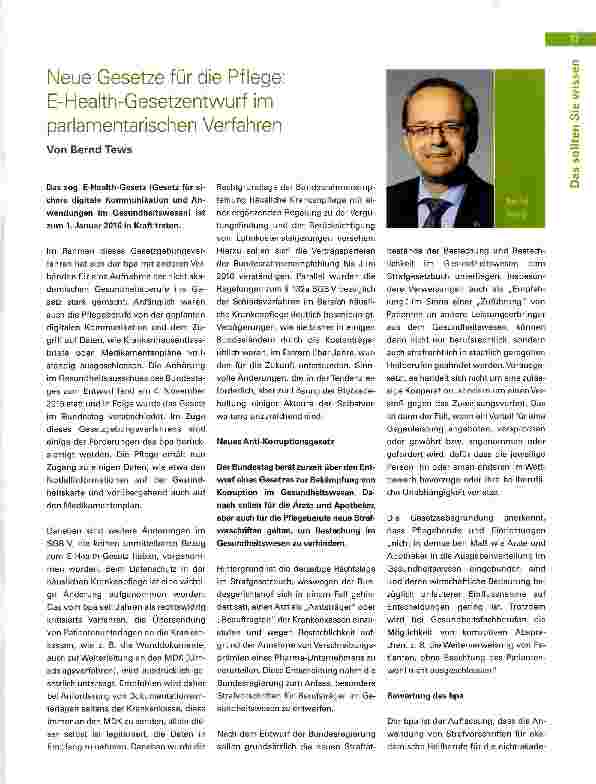 Vorschauseite 1: Neue Gesetze für die Pflege: E-Health-Gesetzentwurf im parlamentarischen Verfahren