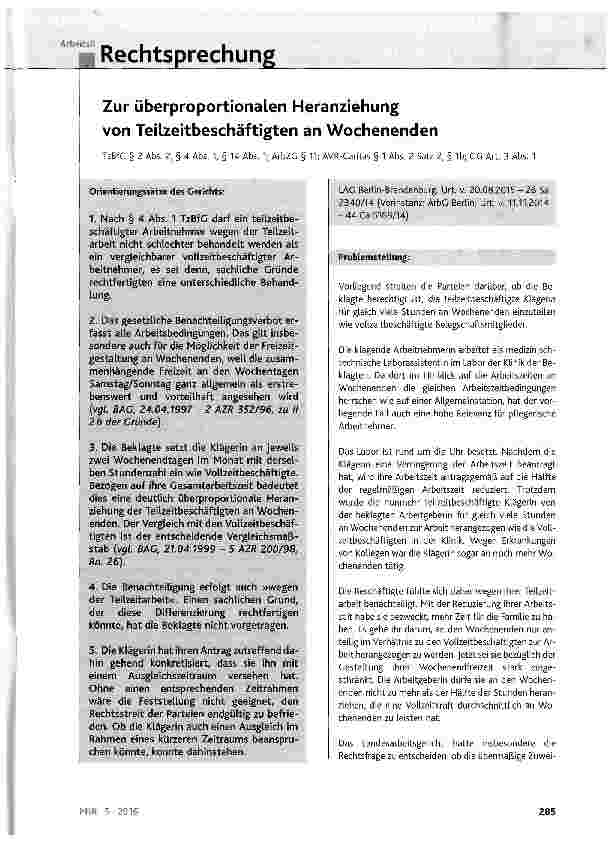 Vorschauseite 1: Zur überproportionalen Heranziehung von Teilzeitbeschäftigten an Wochenenden