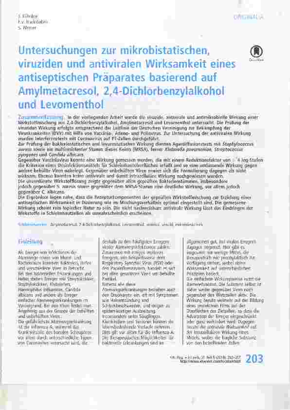Vorschauseite 1: Untersuchungen zur mikrobistatischen, viruziden und antiviralen Wirksamkeit eines antiseptischen Präparates basierend auf Amylmetacresol, 2, 4-Dichlorbenzylalkohol und Levomenthol