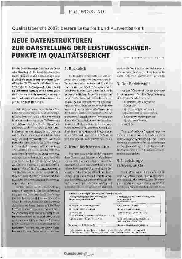 Vorschauseite 1: NEUE DATENSTRUKTUREN ZUR DARSTELLUNG DER LEISTUNGSSCHWERPUNKTE IM QUALITÄTSBERICHT