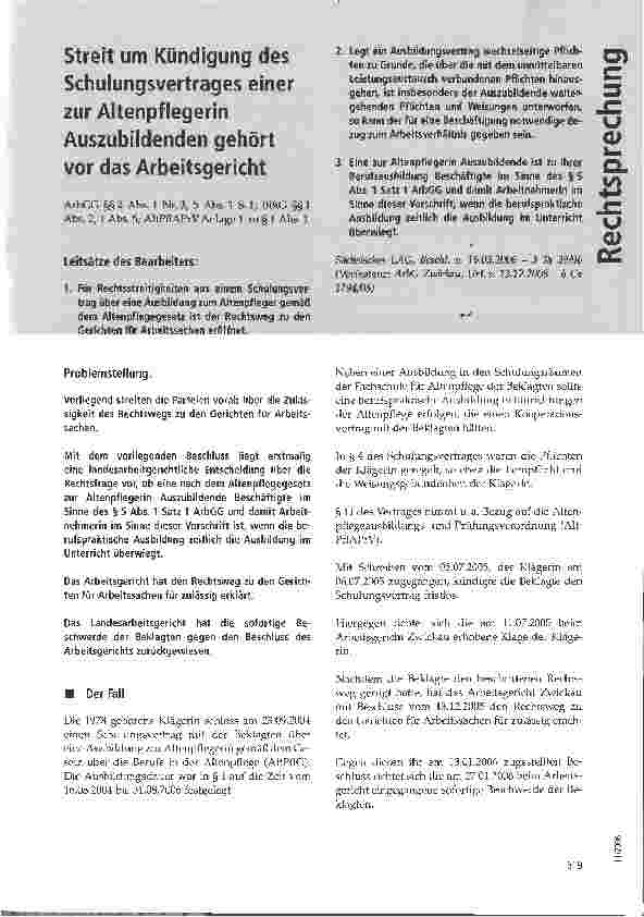 Vorschauseite 1: Streit um Kündigung des Schulungsvertrages einer zur Altenpflegerin Auszubildenden gehört vor das Arbeitsgericht