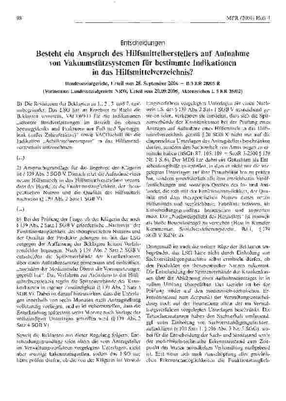 Vorschauseite 1: Besteht ein Anspruch des Hilfsmittelherstellers auf Aufnahmevon Vakuumstützsystemen für bestimmte Indikationenin das Hilfsmittelverzeichnis?