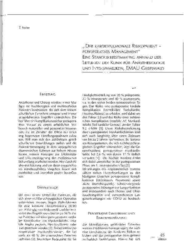 Vorschauseite 1: DER KARDIOPULMONALE RISIKOPATIENT -PERIOPERATIVES MANAGEMENT EINE STANDORTBESTIMMUNG ANHAND DER LEITLINIEN DER KLINIK FÜR ANÄSTHESIOLOGIE UND INTENSIVMEDIZIN, EMAU GREIFSWALD