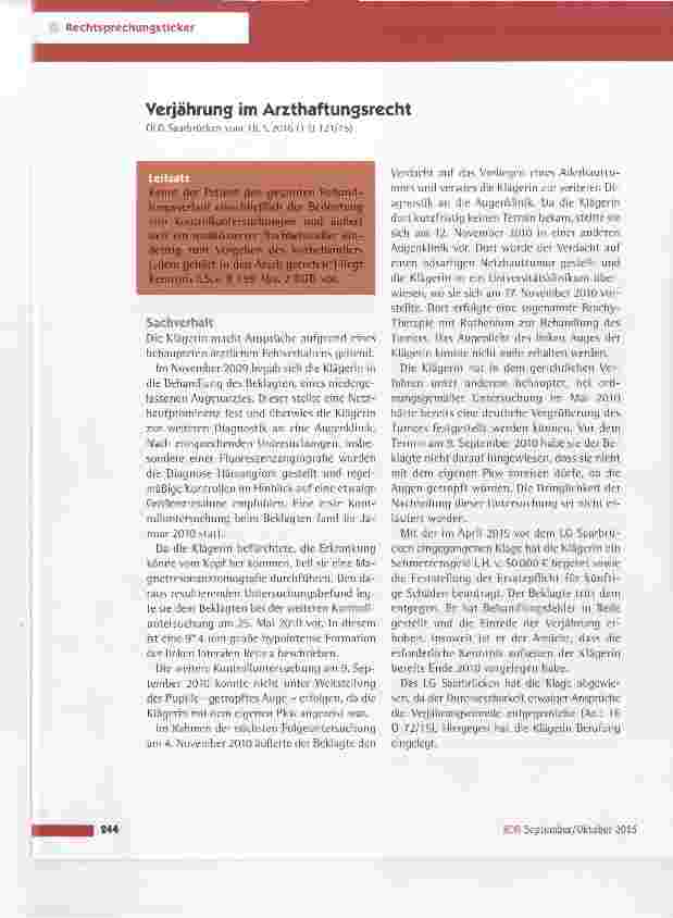 Vorschauseite 1: Verjährung im Arzthaftungsrecht OLG Saarbrücken vom 18.5.2016 (1 G 121/15)