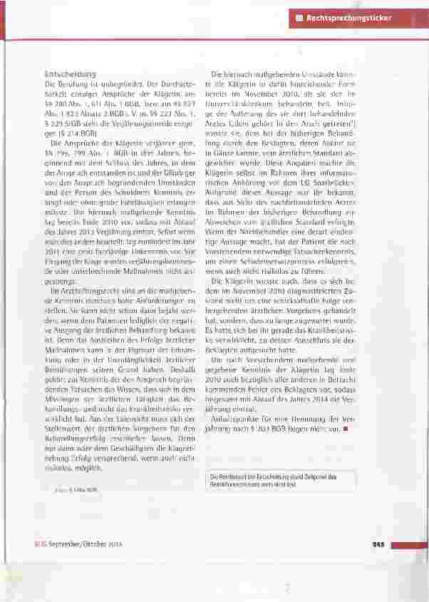 Vorschauseite 2: Verjährung im Arzthaftungsrecht OLG Saarbrücken vom 18.5.2016 (1 G 121/15)