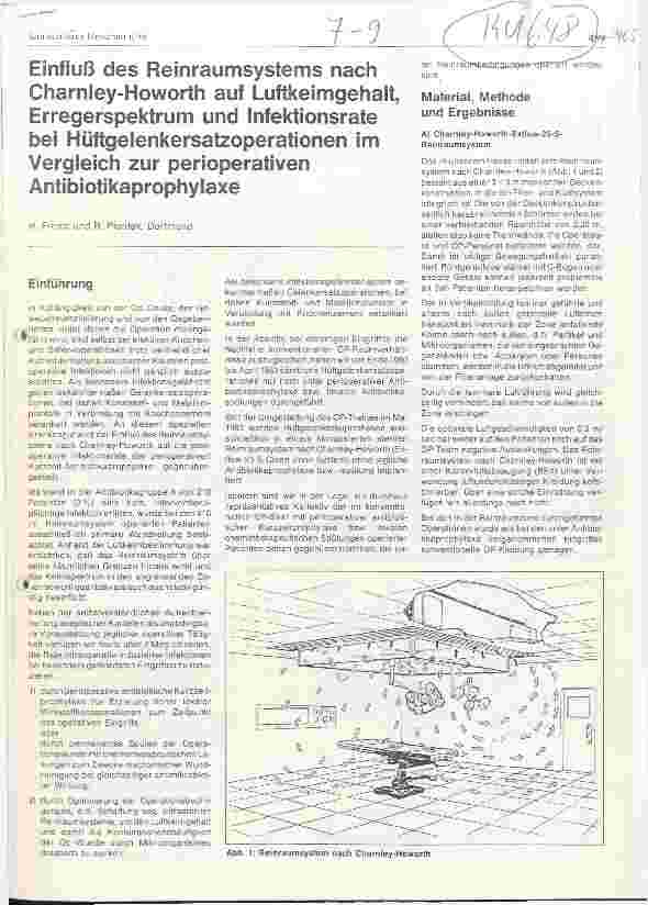 Vorschauseite 1: Einfluß des Reinraumsystems nach Charnley-Howorth auf Luftkeimgehalt, Erregerspektrum und Infektionsrate bei Hüftgelenkersatzoperationen