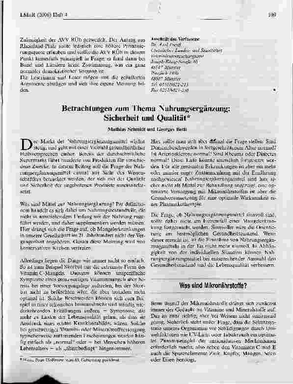 Vorschauseite 1: Betrachtungen zum Thema Nahrungsergänzung: Sicherheit und Qualität