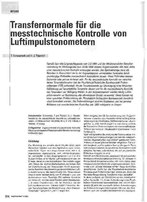 Vorschauseite 1: Transfernormale für die messtechnische Kontrolle von Luftimpulstonometern