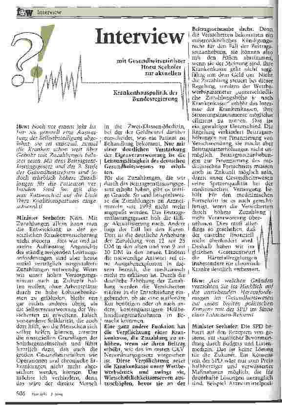 Vorschauseite 1: Interview mit Gesundheitsminister Horst Seehofer zur aktuellen Krankenhauspolitik der Bundesregierung