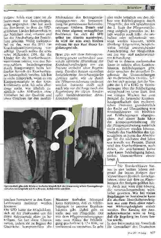 Vorschauseite 2: Interview mit Gesundheitsminister Horst Seehofer zur aktuellen Krankenhauspolitik der Bundesregierung