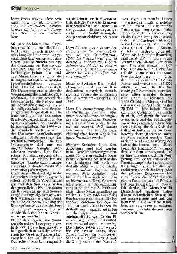 Vorschauseite 4: Interview mit Gesundheitsminister Horst Seehofer zur aktuellen Krankenhauspolitik der Bundesregierung