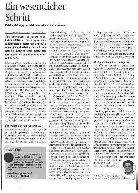 Vorschauseite 1: Ein wesentlicher Schritt - RKI-Empfehlung zur Infektionsprävention in Heimen