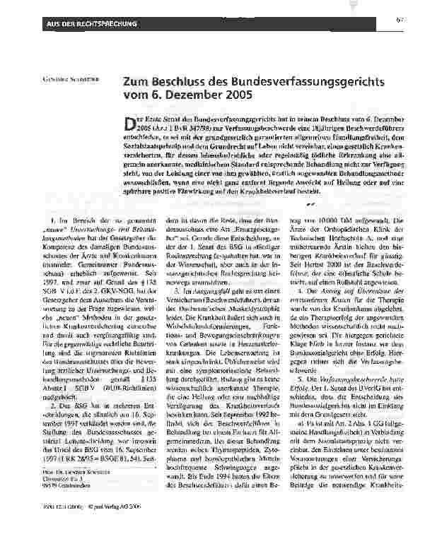 Vorschauseite 1: Zum Beschluss des Bundesverfassungsgerichts vom 6. Dezember 2005