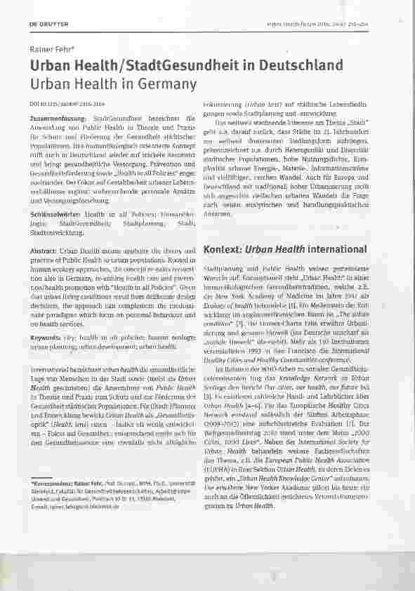 Vorschauseite 1: Urban Health/StadtGesundheit in Deutschland Urban Health in Germany
