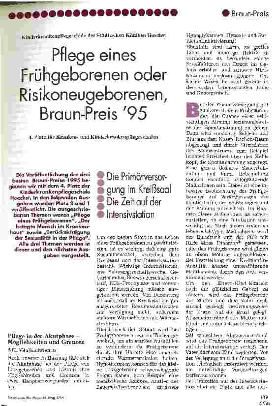 Vorschauseite 1: Pflege eines Frühgeborenen oder Risikoneugeborenen, Braun-Preis 95 4. Platz für Krankenund Kinderkrankenpflegeschulen