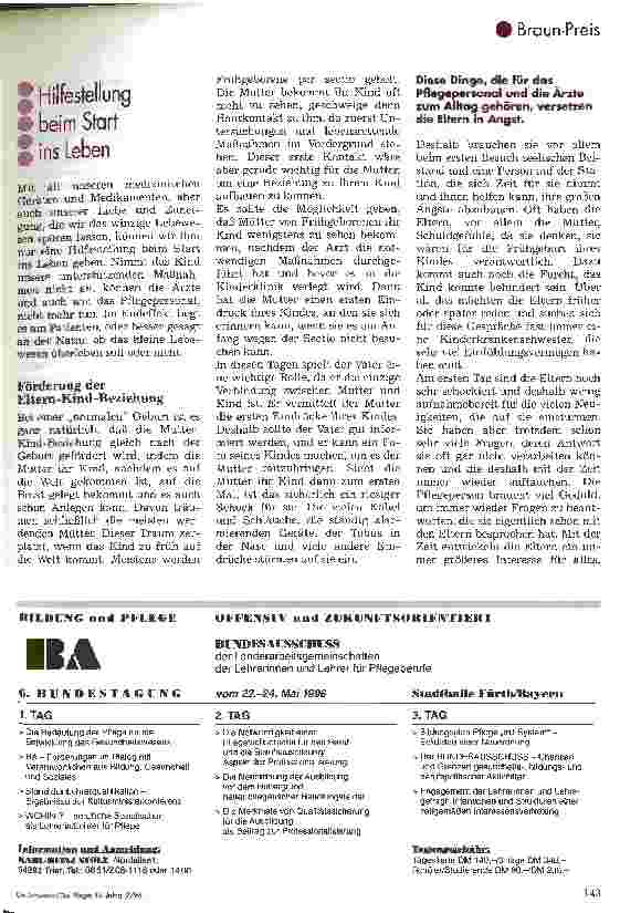 Vorschauseite 5: Pflege eines Frühgeborenen oder Risikoneugeborenen, Braun-Preis 95 4. Platz für Krankenund Kinderkrankenpflegeschulen